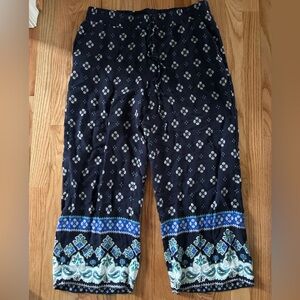 LOFT Navy and Light Blue Floral Drawstring Palazzo Pants - Medium
